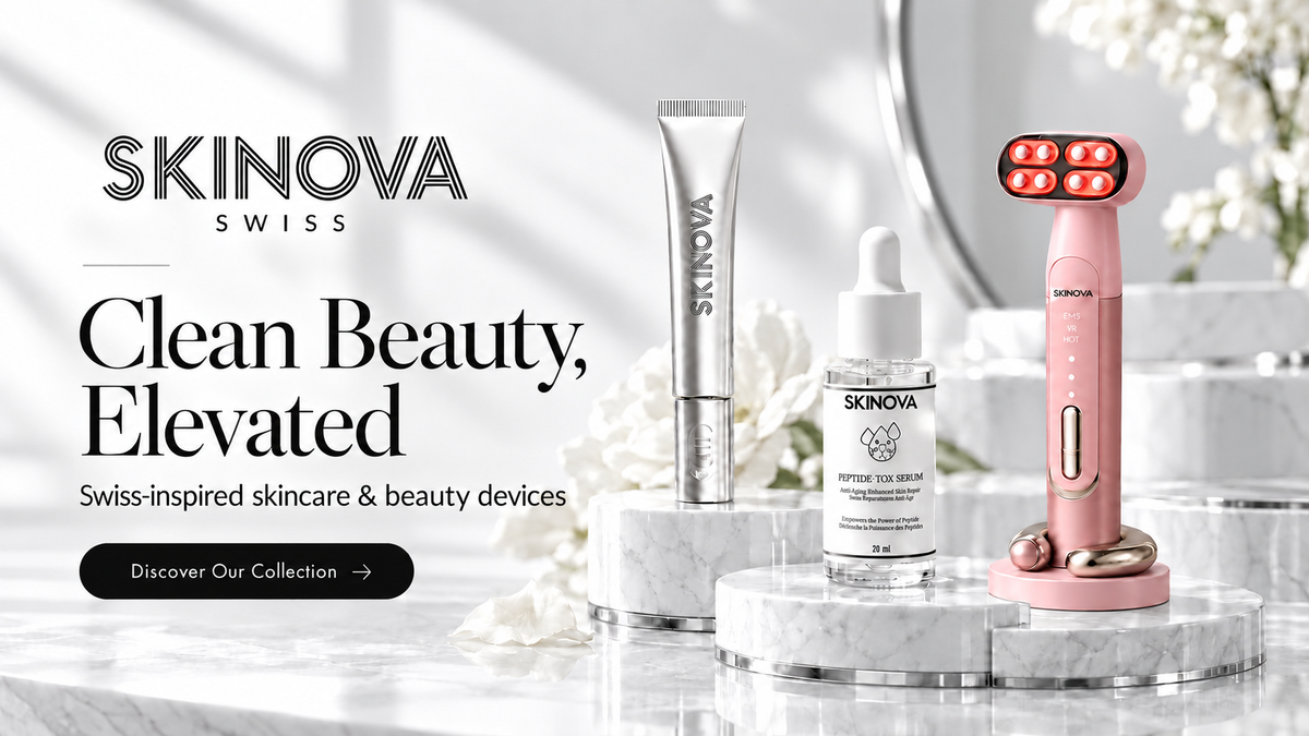 SKINOVA SWISS skincare and beauty devices on white marble with silver details